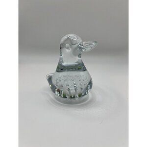 VTG Hand Blown‎ Clear Bubble Glass Duck Paperweight Collectible Glass 3" Ducky